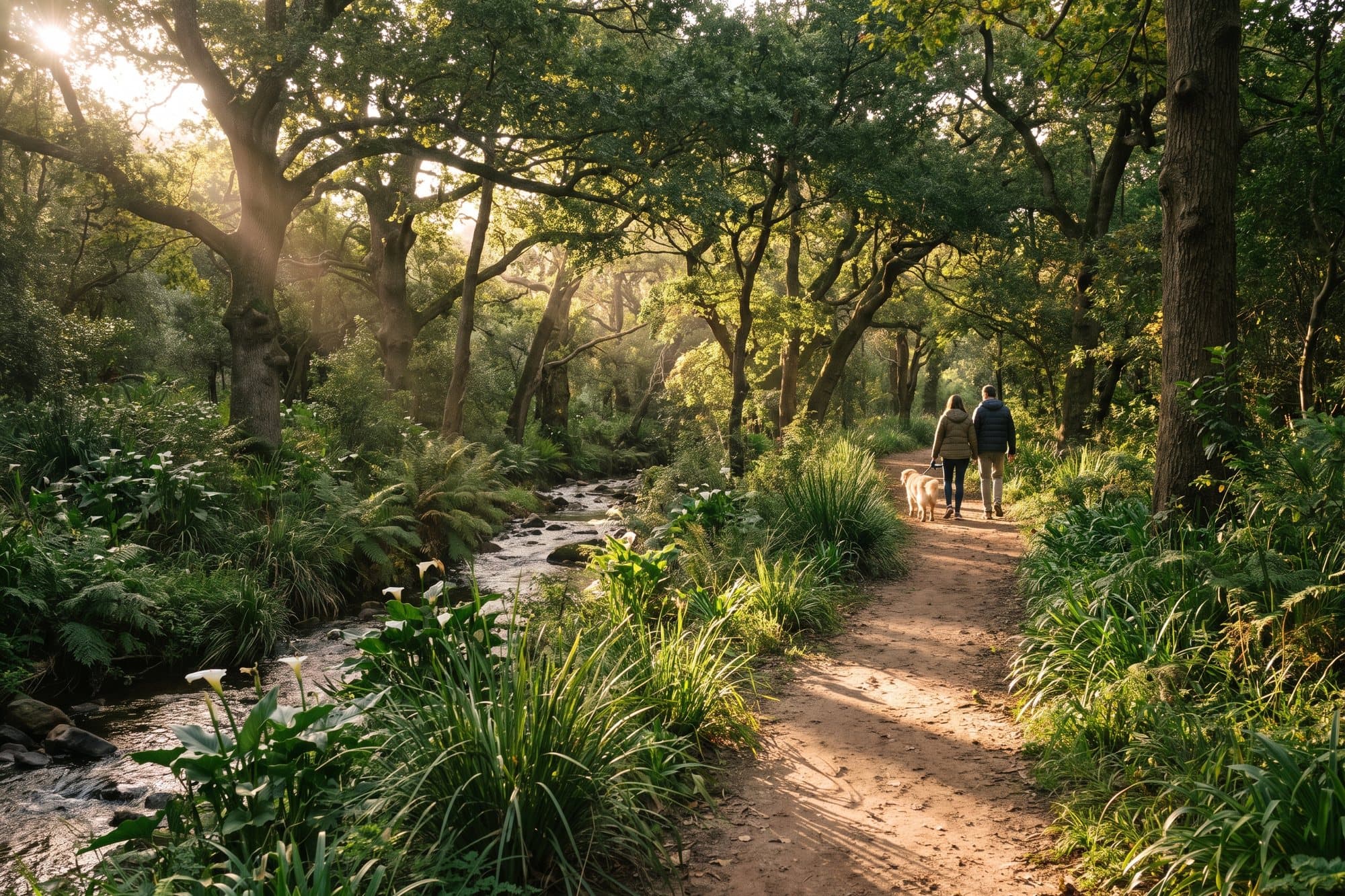 A walking trail under tall trees beside a stream