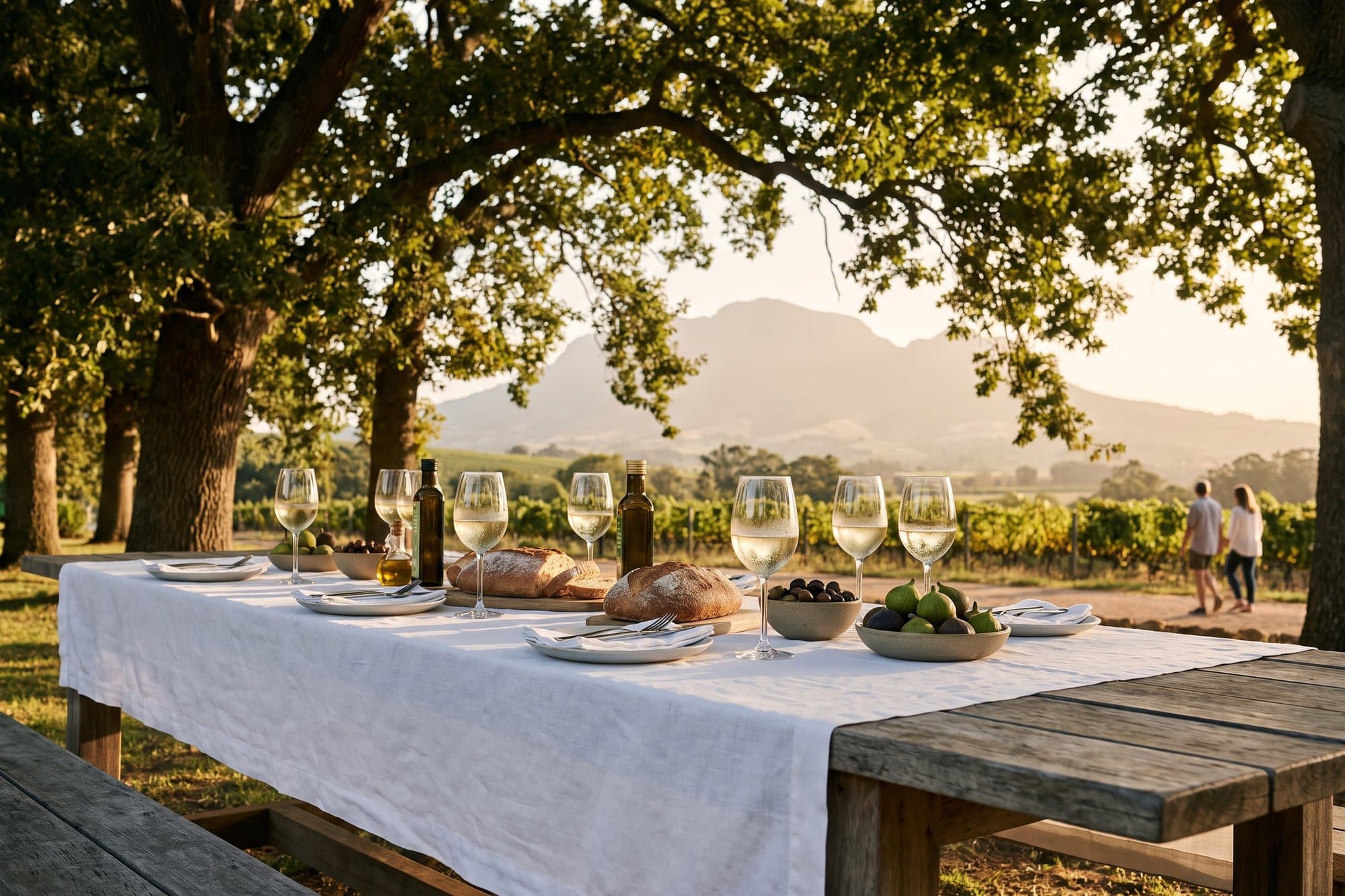 A table set for lunch under old oak trees on a wine farm