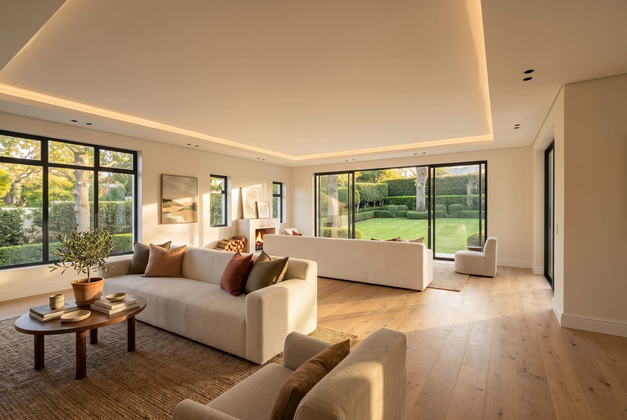 Pale sofas facing tall glazed doors, with the lawn beyond